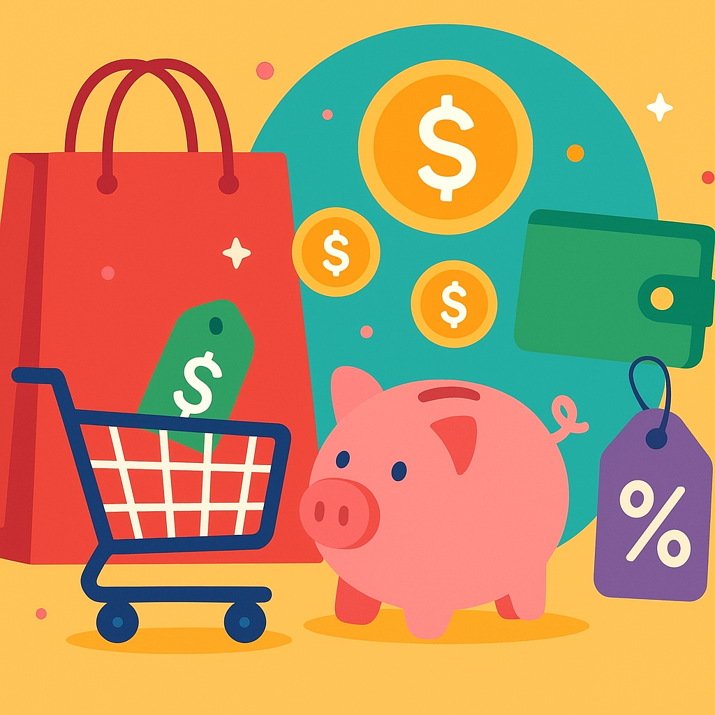Colorful illustration of a piggy bank, shopping cart, wallet, and discount symbols representing money-saving tips for shopping.