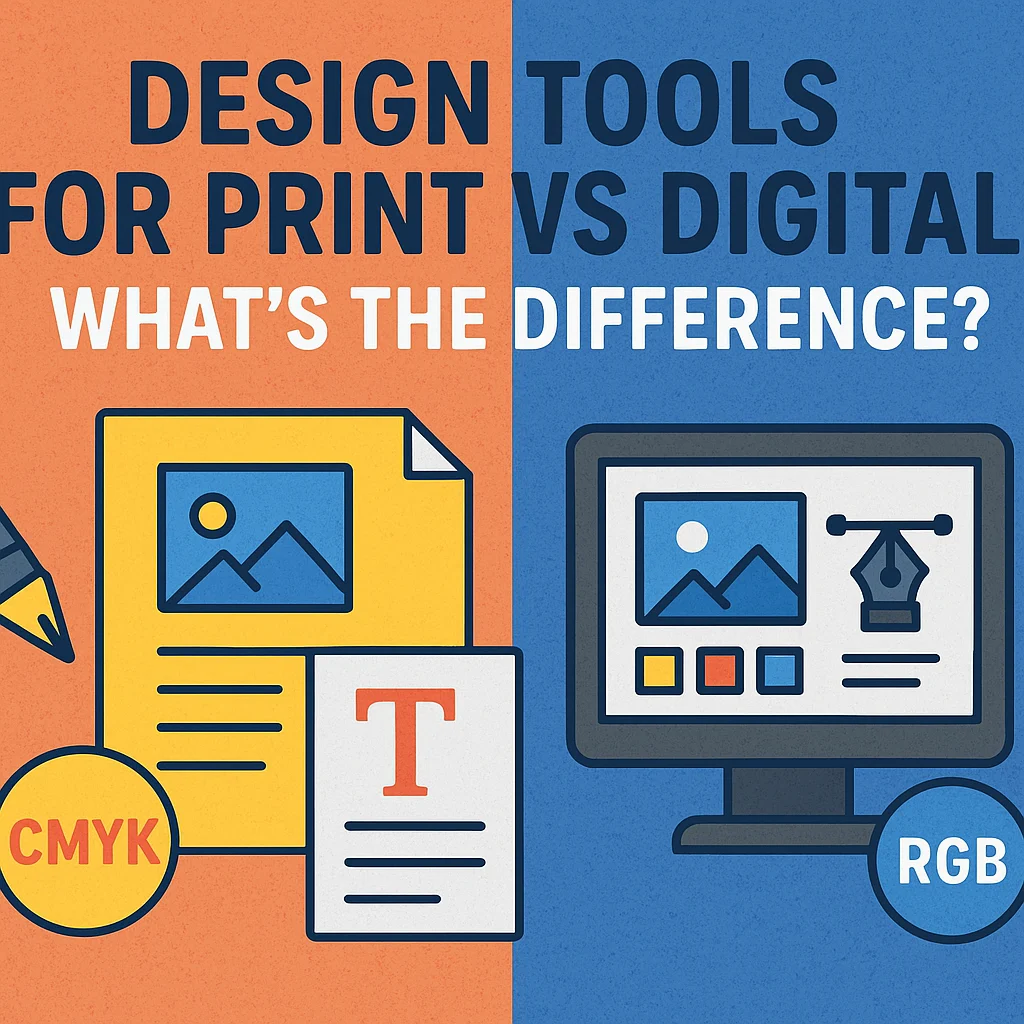 Colorful banner illustration highlighting design tools for print vs digital with CMYK and RGB elements.